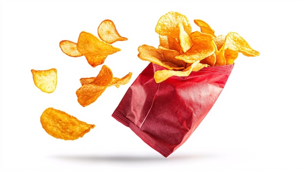 Potato chips falling out of red bag on white background