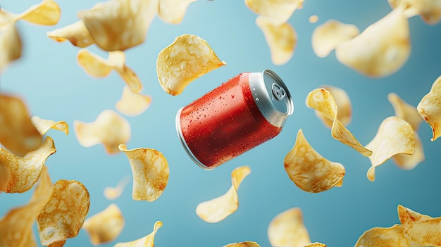 Photo potato chips floating around a soda can depicting a classic snack pairing