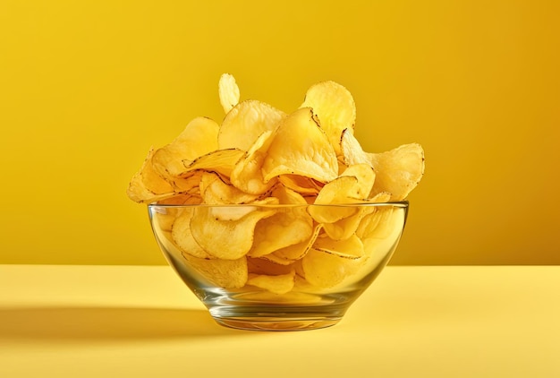 Potato chips in glass bowl on yellow background