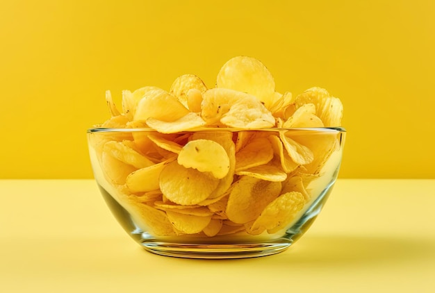 Potato chips in glass bowl on yellow background