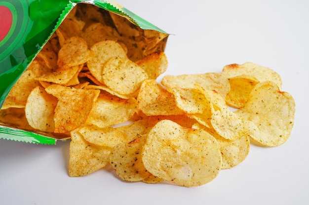 Potato chips in open bag delicious BBQ seasoning spicy for crips thin slice deep fried snack fast food in open bag