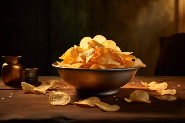 Potato chips on a plate on a dark background Selective focus