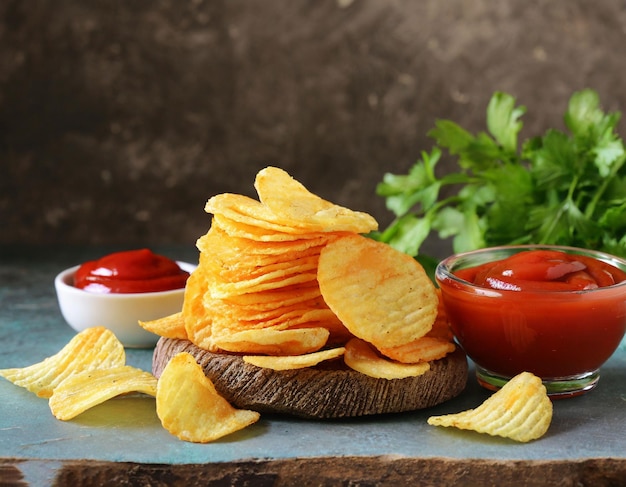 potato chips served with tomato ketchup