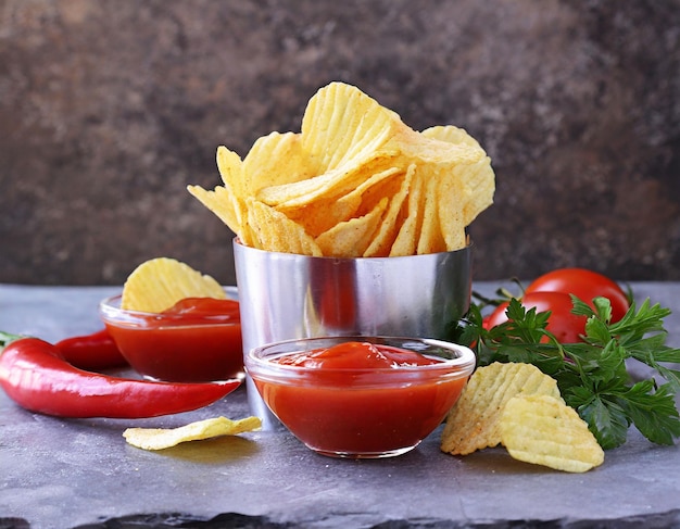 potato chips served with tomato ketchup