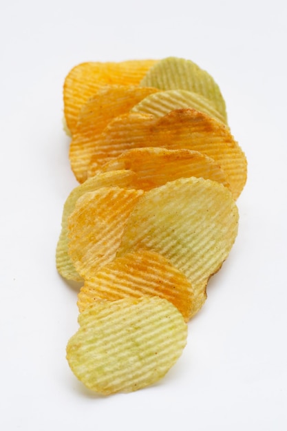 Potato chips on white background