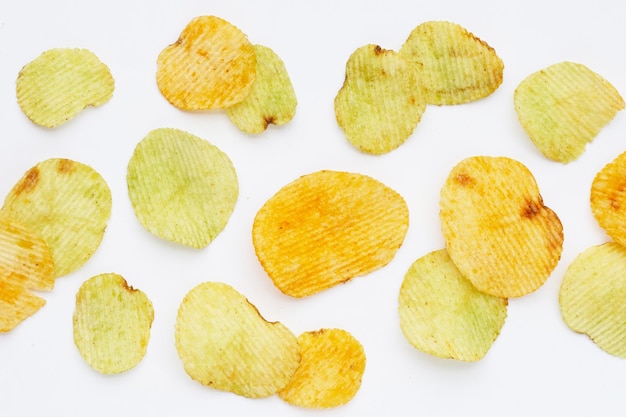 Potato chips on white background