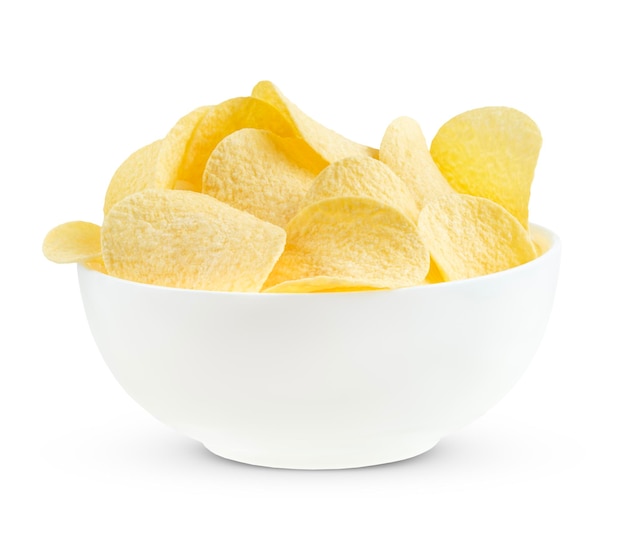 Potato chips in white bowl isolated on white background with clipping path