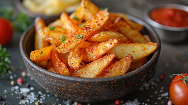 Potato chips in a wooden bowl on a dark background selective focus