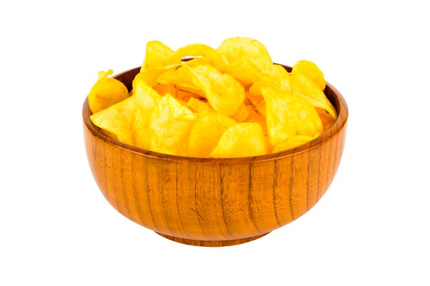 potato chips in wooden cup isolated