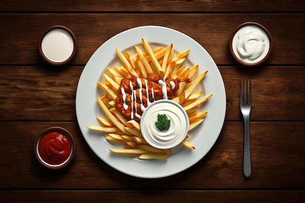 Potato fries in plate Ai Fried potato with ketchup and mayonnaise sauces in small bowls top view