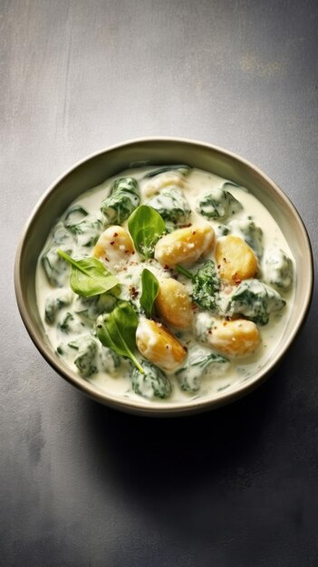 Potato gnocchi with spinach and ricotta sauce in a bowl