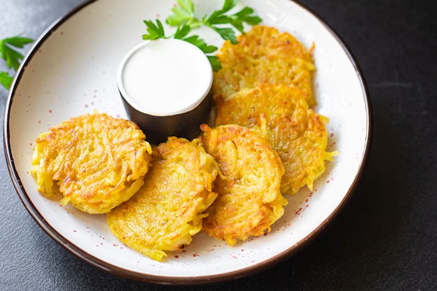 Potato pancakes vegetables dish draniki fried potato cutlets fresh portion organic wholesome dish