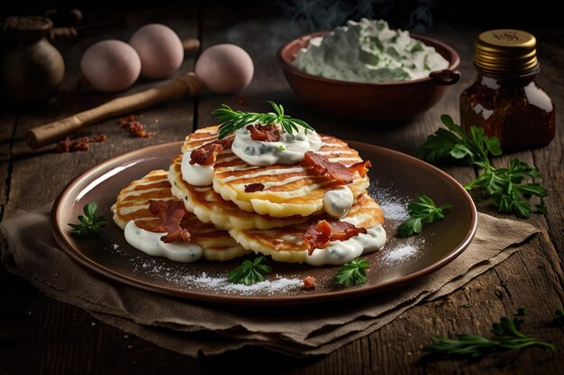 Potato pancakes with fresh cream and herbs decorated with fried bacon strips