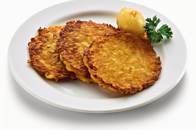 Potato pancakes with golden fried crust on white plate