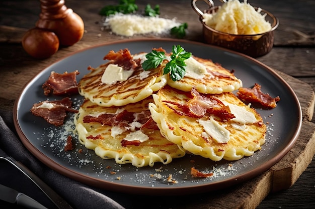 Potato pancakes with grated cheese and fried bacon pieces