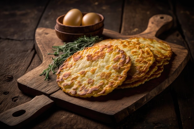 Potato pancakes with thin golden crust on wooden board