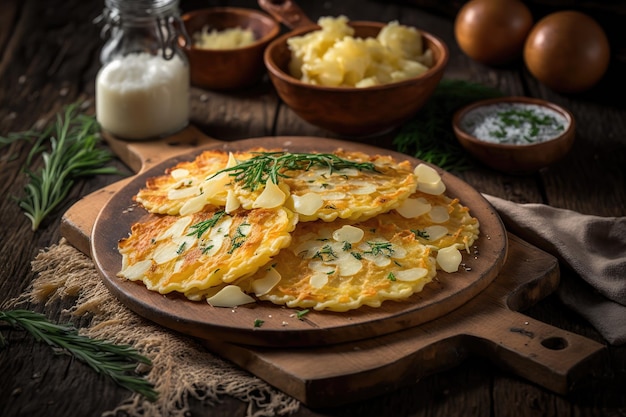 Potato pancakes with white cheese gratin on wooden table