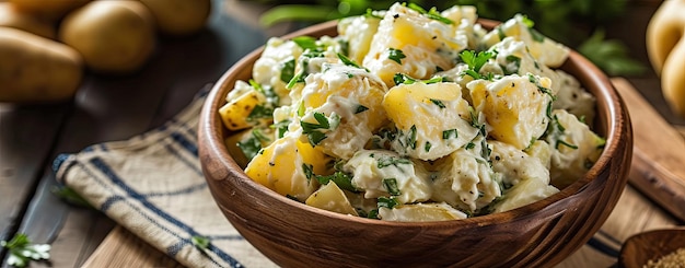 Photo potato salad served on wooden table