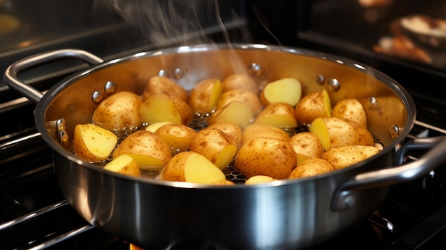 Potatoes boiling in a saucepan on a gas hob AI Generative