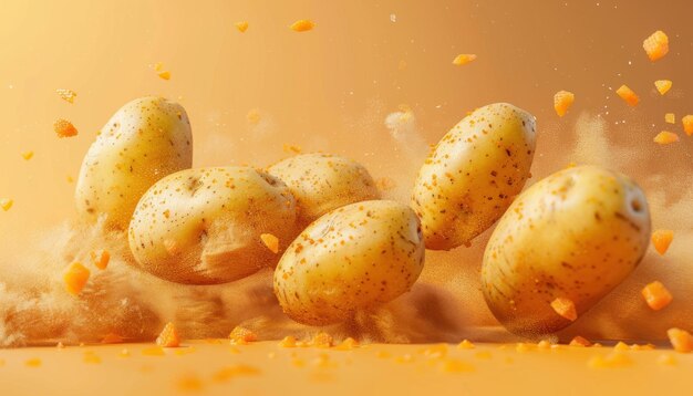 Potatoes Exploding in a Burst of Orange on Warm Background During Food Photography Session