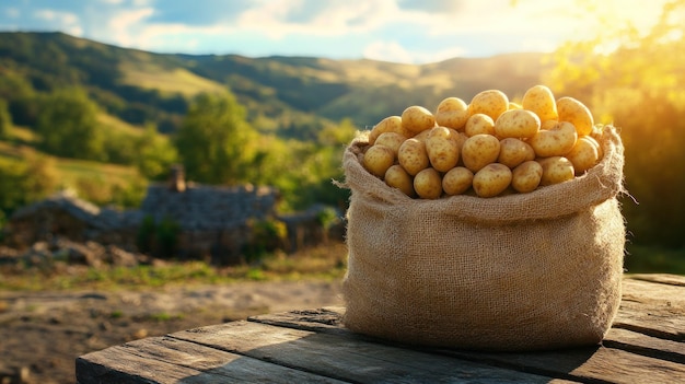 Potatoes in a Sack on a Wooden Table