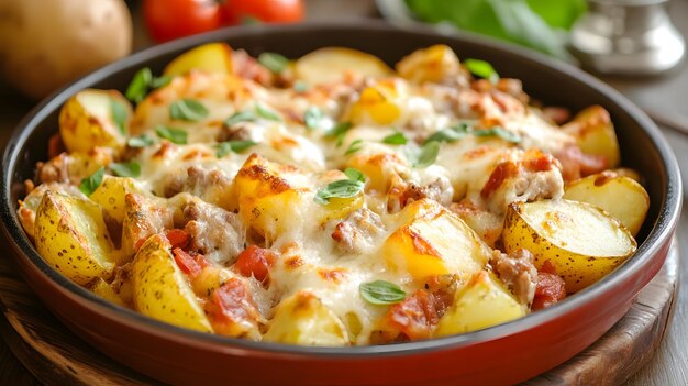 Potatoes with meat and mozzarella cheese