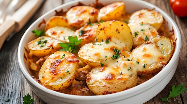 Potatoes with meat and mozzarella cheese