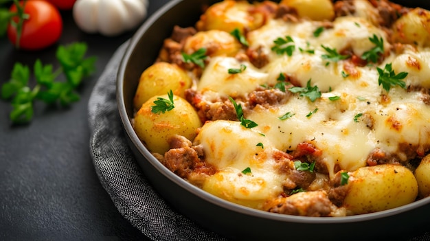 Potatoes with meat and mozzarella cheese