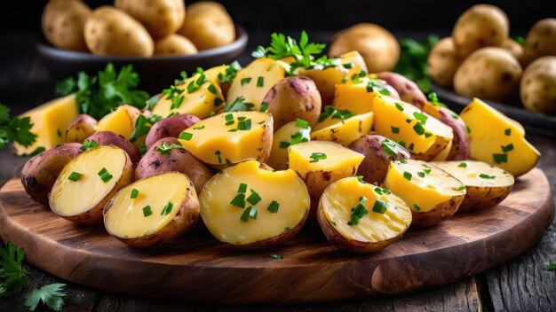 potatoes on a wooden cutting board with parsley on top