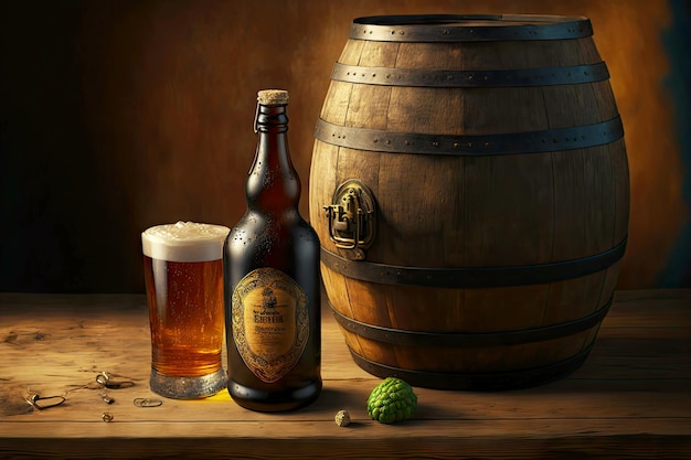 Potbellied beer barrel on wooden table and bottle of beer next to it created with generative ai