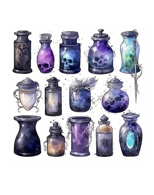 Potion bottles watercolor of witch magic elixir or alchemist poison