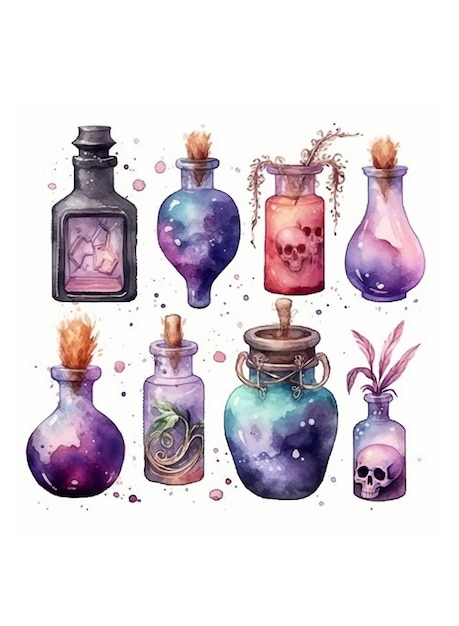 Potion watercolor bottles with magic elixir with clover snowflake fire skull flash heat and unknown witch poisons