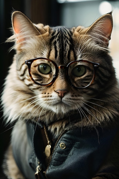 Potrait of a curious cat wearing glasses