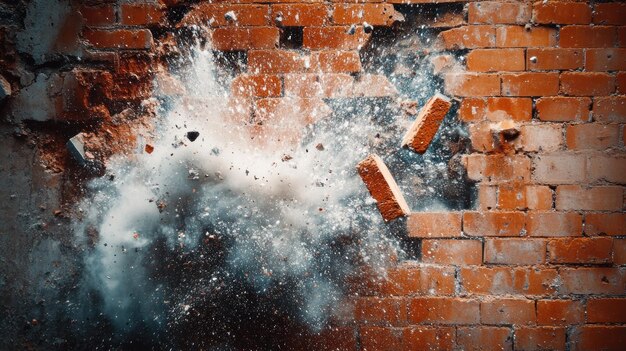 Photo potrait of explosion and splashing brick wall