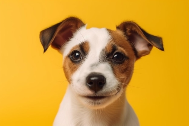 Potrait happy face of jack russel puppy dog on yellow background