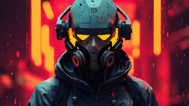 Potrait human wearing cyberpunk robotic mask at neon background