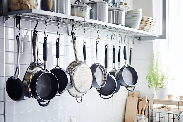 Pots and pans hanging from hooks in an organized kitchen created with generative ai