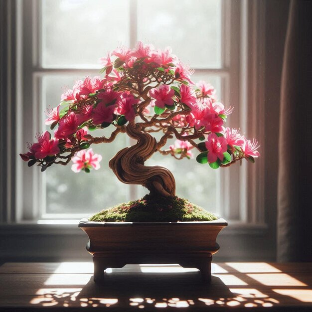 Photo a potted bonsai tree sits in front of a window