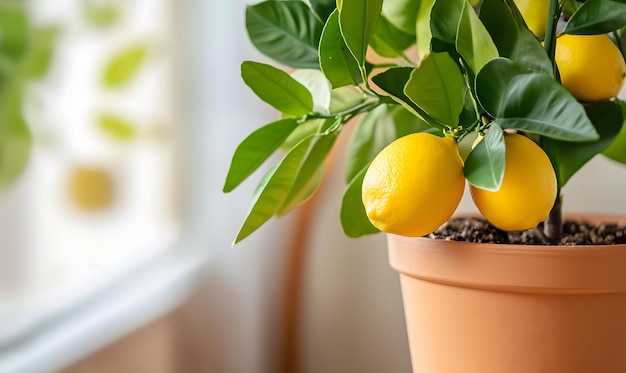 Photo potted citrus plant with ripe yellow lemon fruits