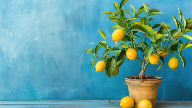 Potted lemon tree with ripe yellow fruits against rustic blue background