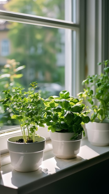 Potted parsley basil and mint herbs growing on sunny window sill