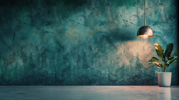 Potted plant and hanging lamp against textured blue wall in stylish interior setting