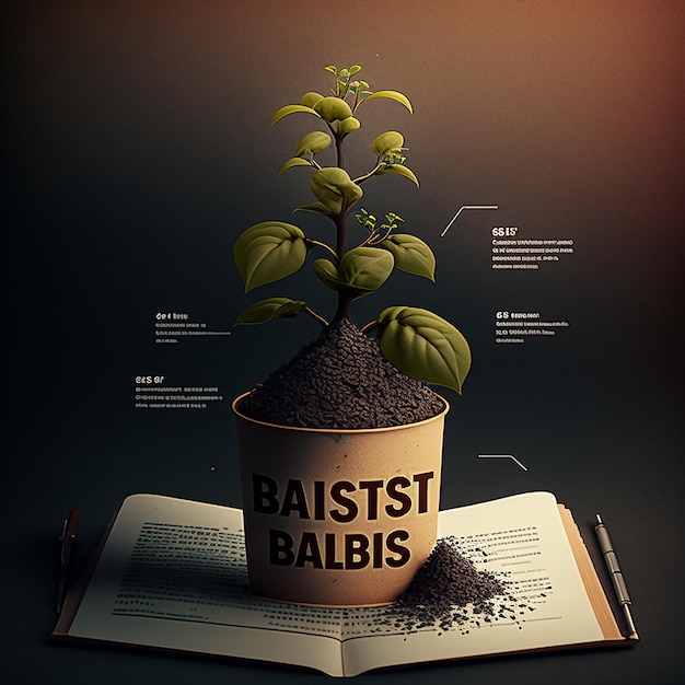 A potted plant is on a book that says'baustst bausts '.