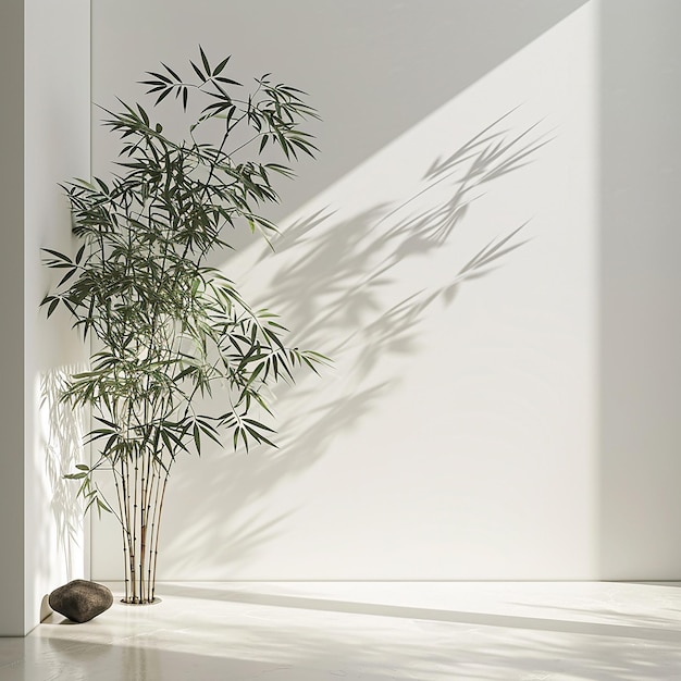 a potted plant is in front of a wall with a shadow of a plant