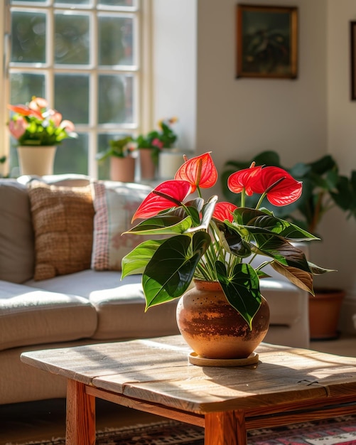 Photo a potted plant sits on a coffee table in front of a window