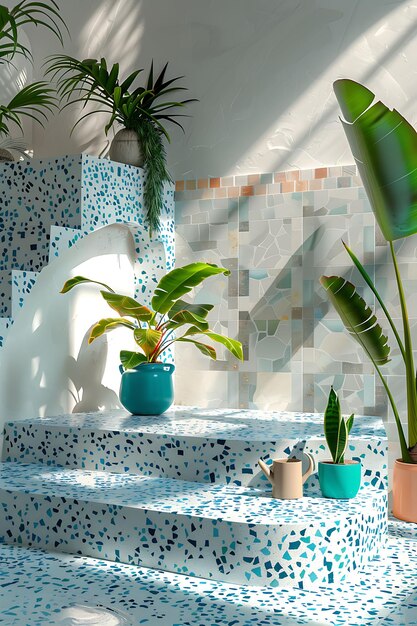 a potted plant sits on a counter in a room with a tile wall and a potted plant