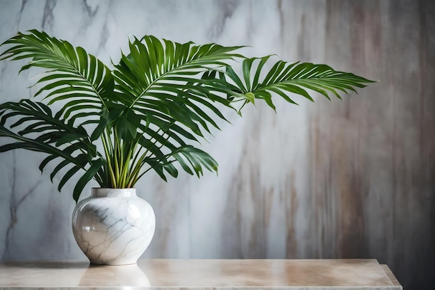 a potted plant sits on a marble counter with a plant in it