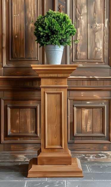 Photo a potted plant sits on a pedestal in a room with a wooden door