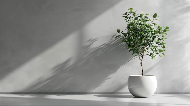 a potted plant sits on a table in front of a white wall