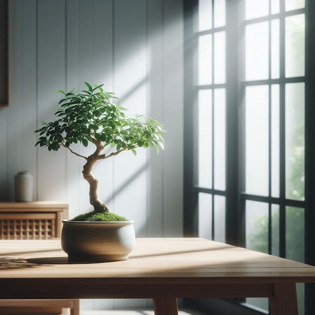 a potted plant sits on a table in front of a window